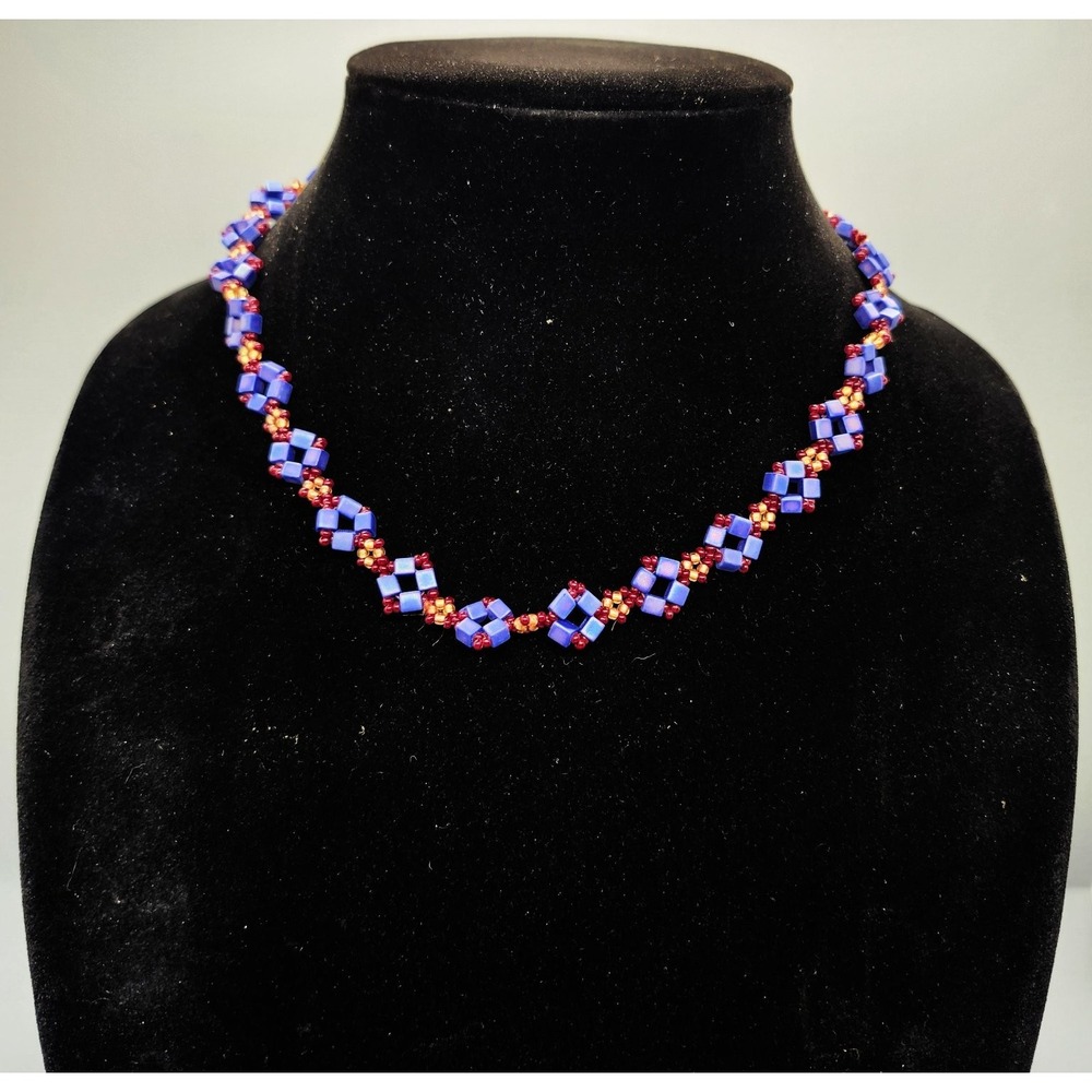 Handcrafted Beaded Choker Necklace Blue Red Gold Geometric Artisan Fashion